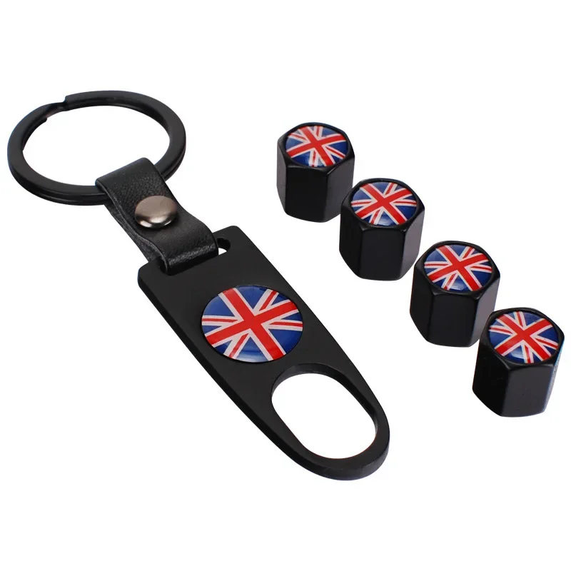 4pcs Wheel Tire Valve Caps Covers & 1pc Keychain UK Flag Logo Automobiles Decoration for MINI Cooper Coupe Cabrio One Series