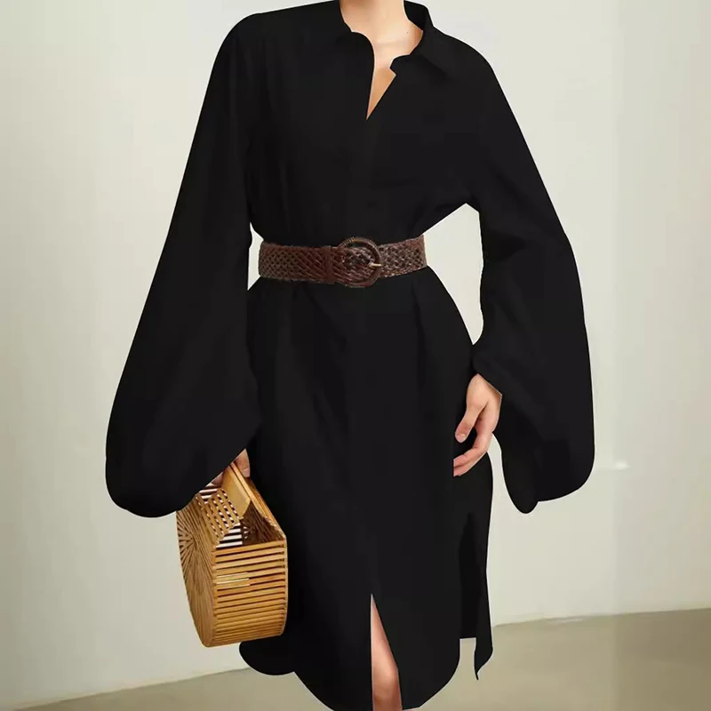 Elegant Lapel Collar Single Breasted Shirt Dress Women Causal Stacked Long Sleeves A-Line Dress Fashion Solid Loose Midi Dresses