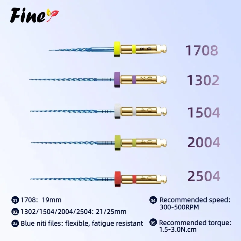 

Стоматологические эндодонтические файлы Finer 1708, 1302, 1504, 2004, 2504, гибкие синие роторные эндодонтические файлы 19/21/25 мм для лечения корневых каналов
