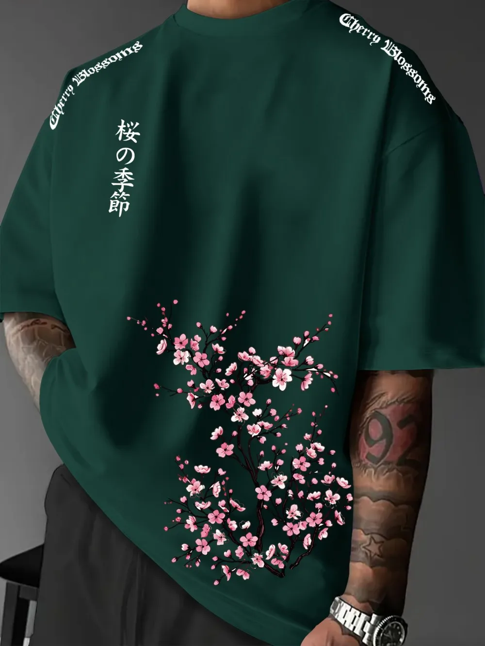 American men's summer Gothic letter cherry blossom branch print soft and breathable round neck T-shirt outdoor street top
