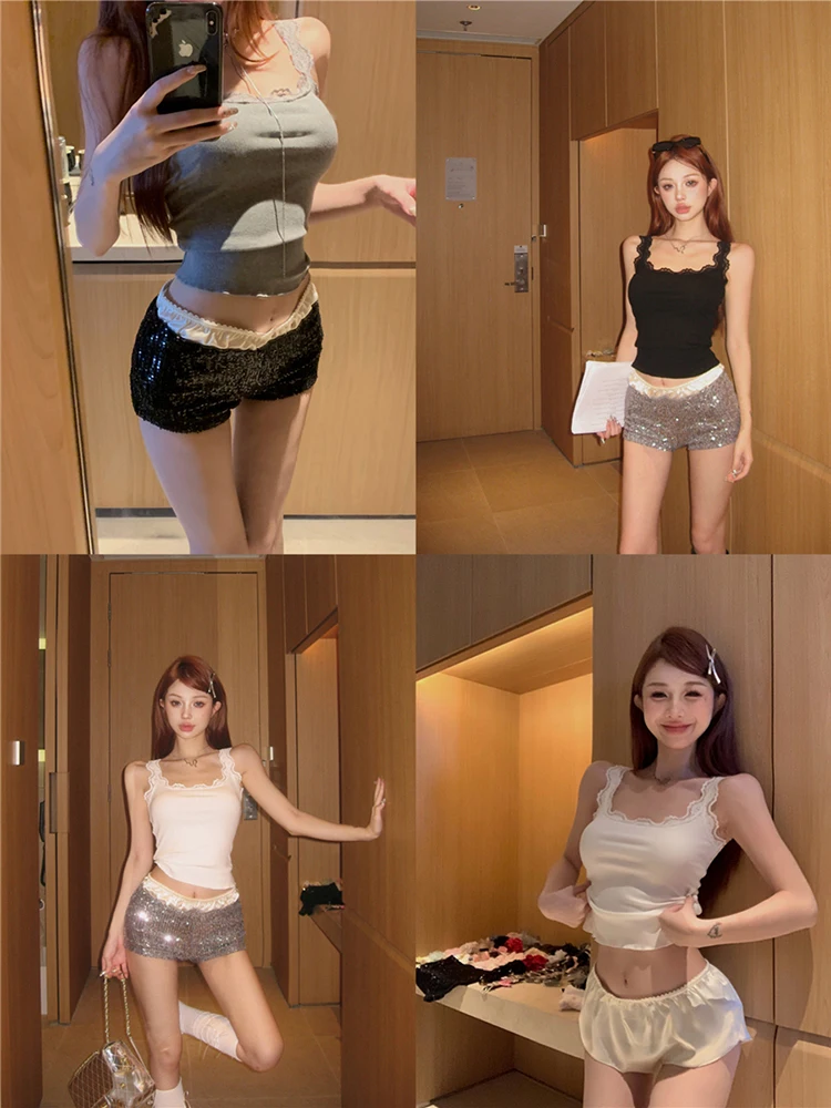 레트로 섹시 퓨어 디자이어 스파이시 걸 레이스 캐미솔 베스트+레이어드 새틴 스팽글 반바지 여름 신상 캐주얼 세트 (여성용)