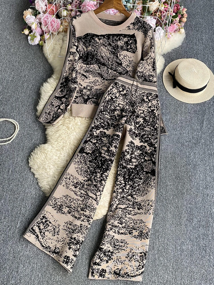 Women Vintage Printed Sweater Two Piece Sets Autumn Winter Long Sleeve Pullover Knitted High Waisted Loose Wide Leg Pants Suits