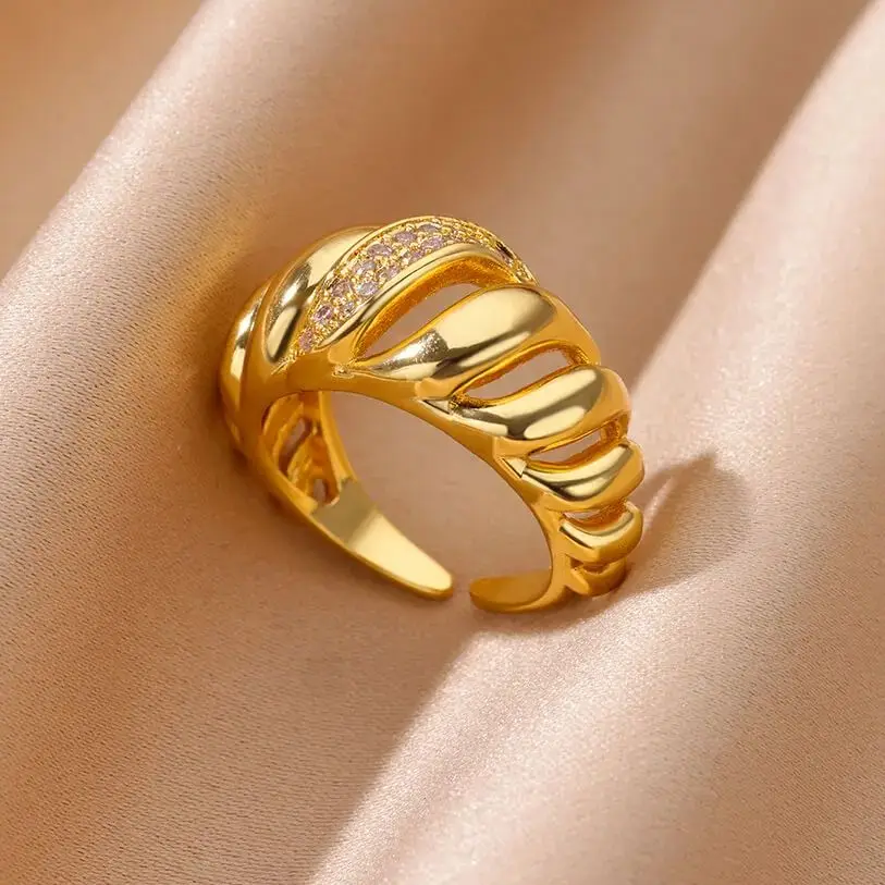 Zircon Croissant Rings For Women Gold Color  Stainless Steel Opening Geometric Finger Ring Femme Wedding Party Fashion Jewelry