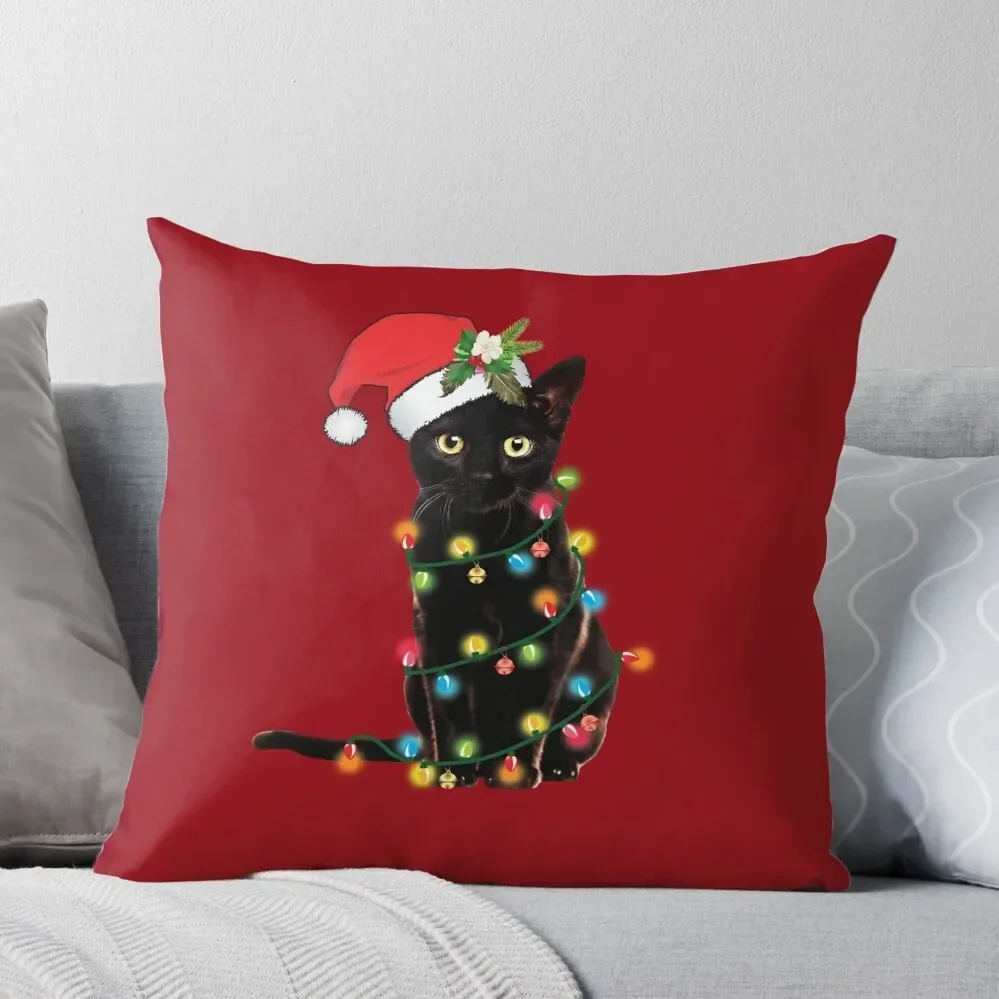 Santa Black Cat Tangled Up In Christmas Tree Lights Holiday Throw Pillow pillowcases for sofa cushions Cushion Cover Pillow