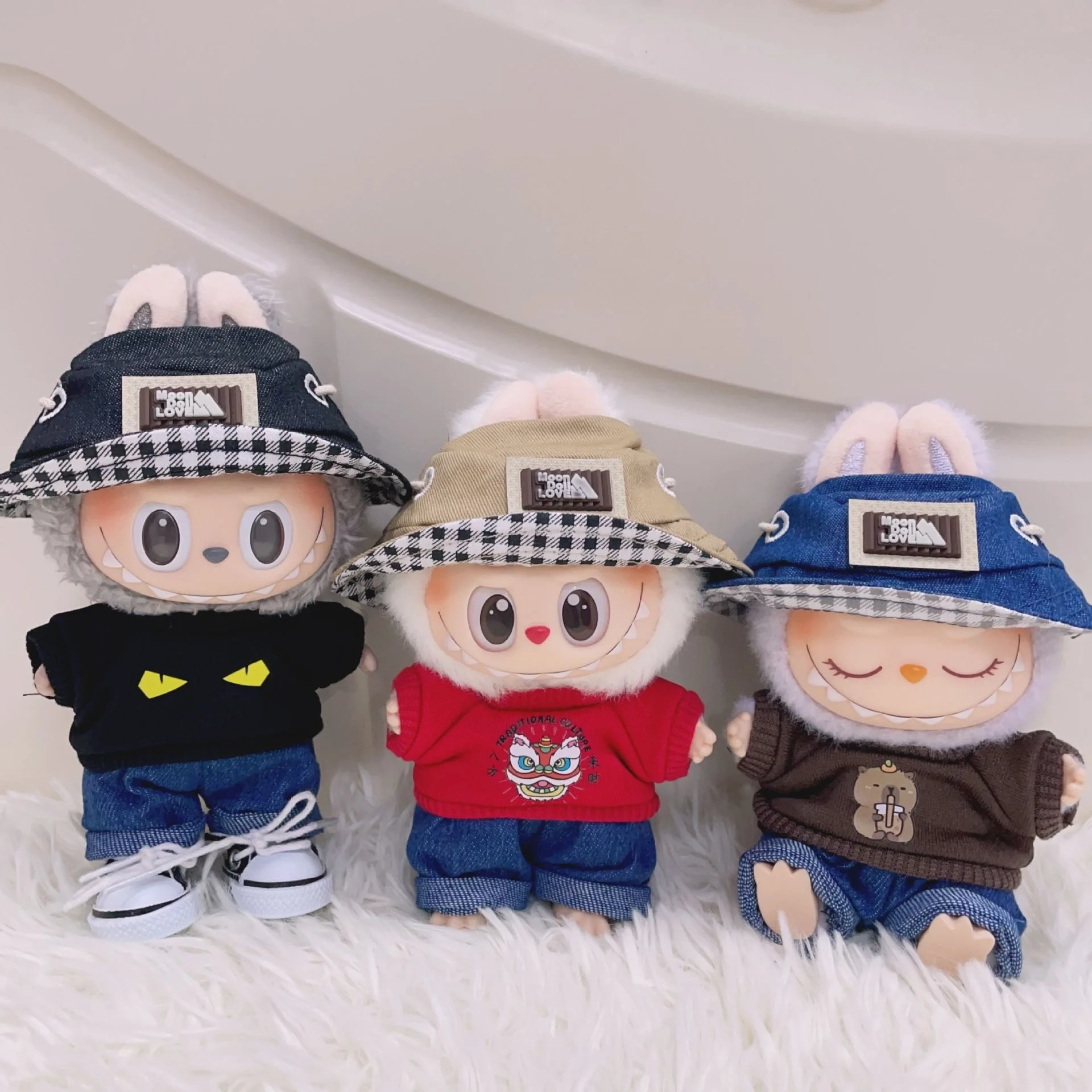 

For 15/17cm Labubu Doll T-shirt jeans fisherman hat Clothes Set Labubu keychain V1 V2 V3 Diy Clothing designer Toy Accessories