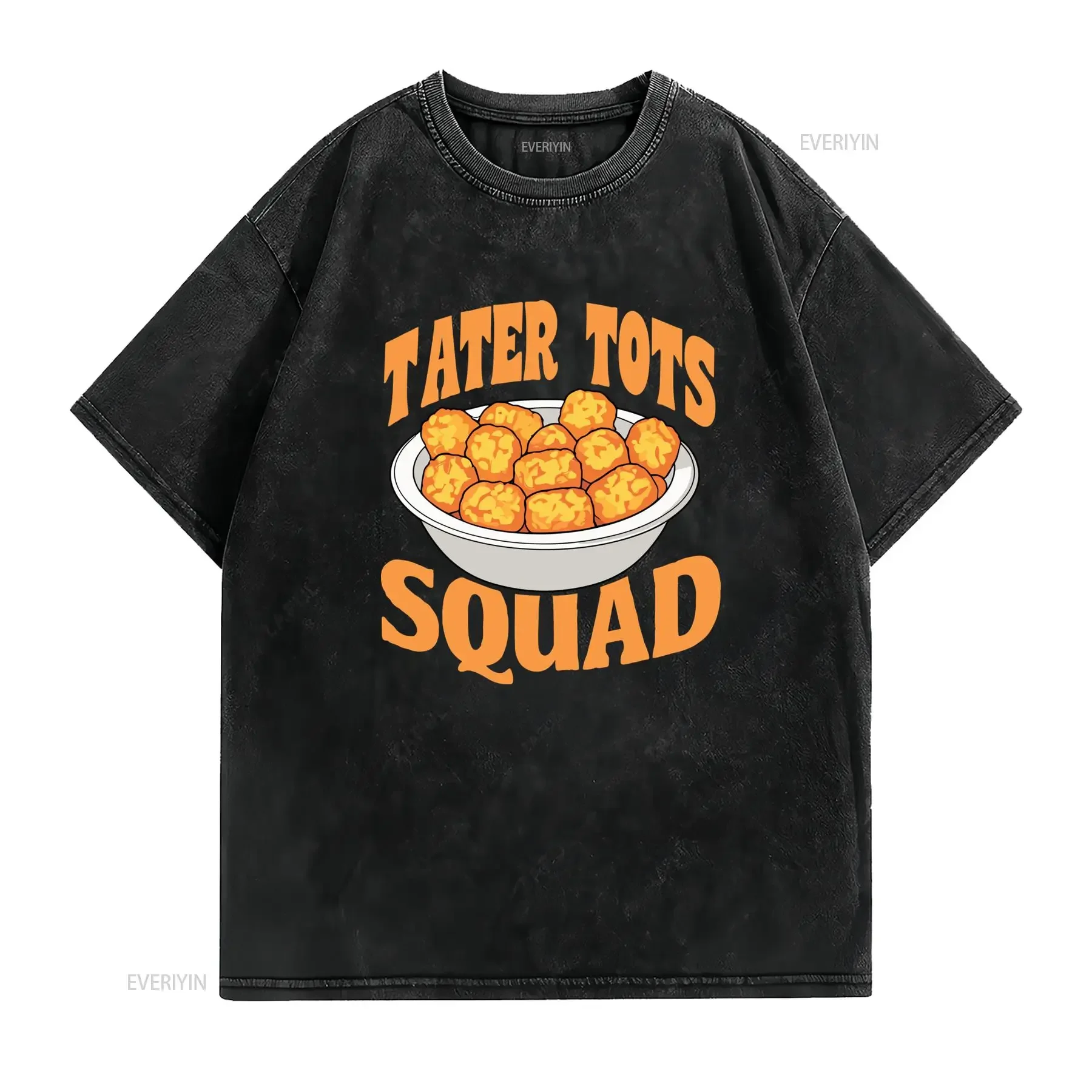 Funny Cartoon Tater Tots Squad Print Casual T Shirt vintage Washed Top For Everyday Wear designer clothes Versatile homme