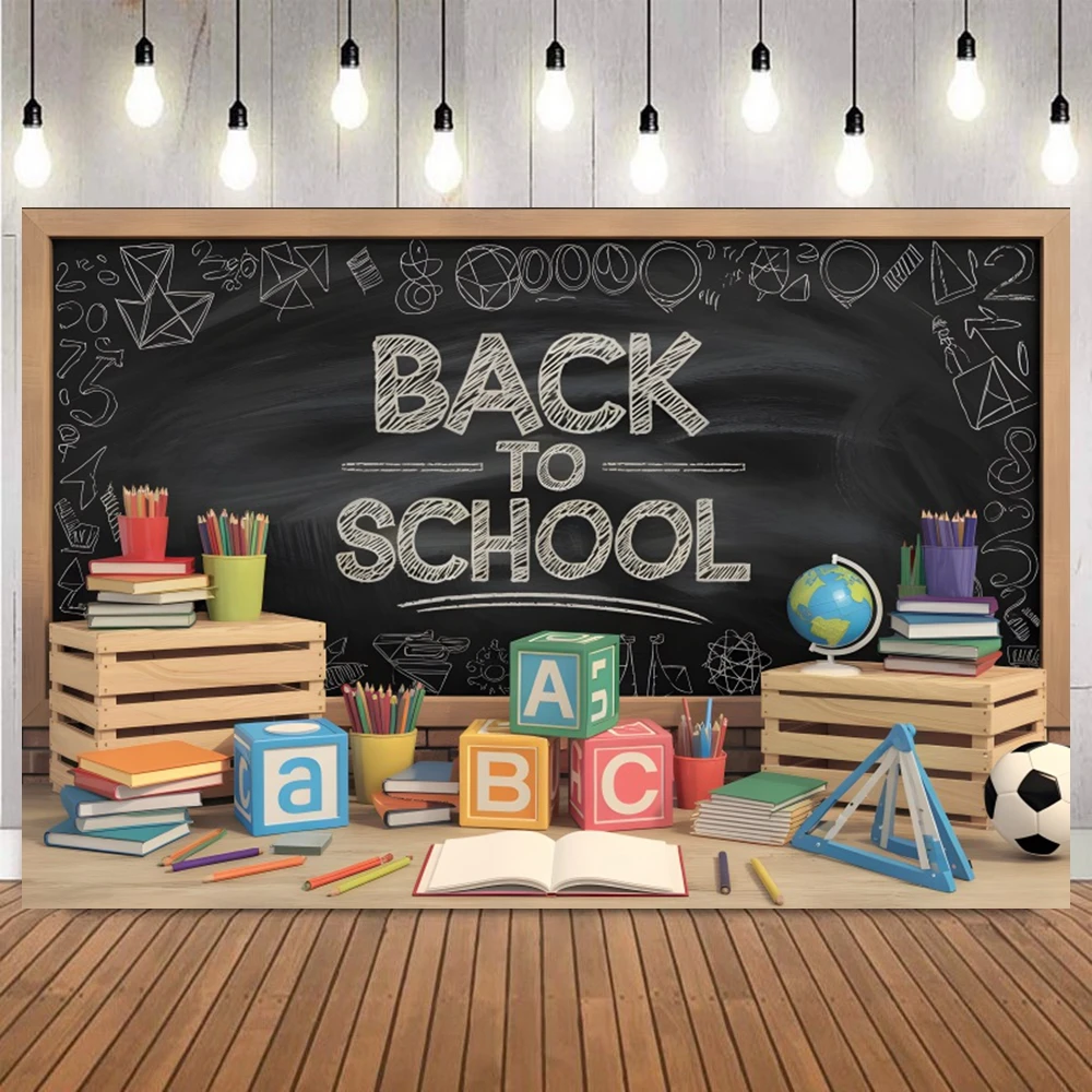 Back To School Photography Backdrop Blackboard Globe Book Chalkboard Classroom Teaching Children Student Photo Background Decor