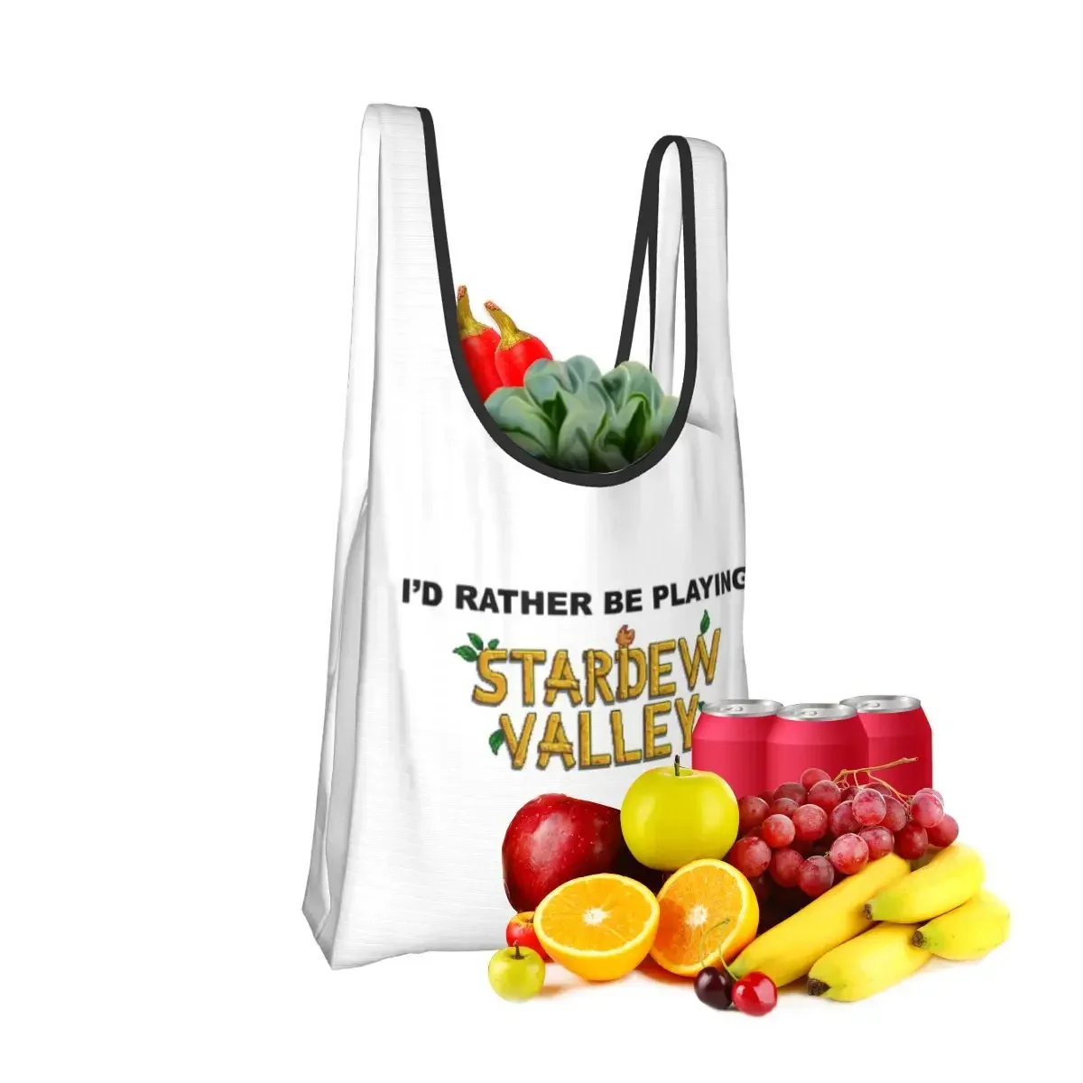 I'd Rather Be Playing Stardew Valley Shopping Bag Portable Tote Bags Foldable Shoulder Shopper Bag Groceries Handbag