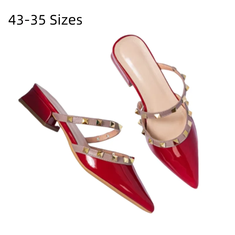 

Women Heels Shoes Promotion Studded Designer Luxury Patent Leather Slippers Shiny Mixed Colors Strap Seam Slides Blue Red 43 42