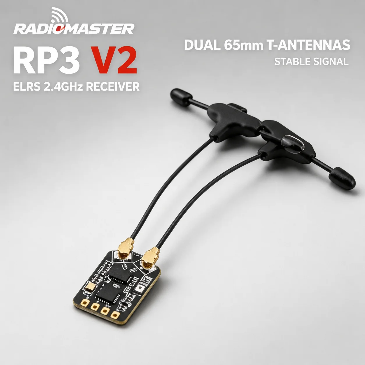 RadioMaster RP3 V2 2.4GHz ELRS Diversity Receiver Dual 65mm T Antennas 100mW Telemetry CRSF Nano RX for Long Range FPV RC Drones