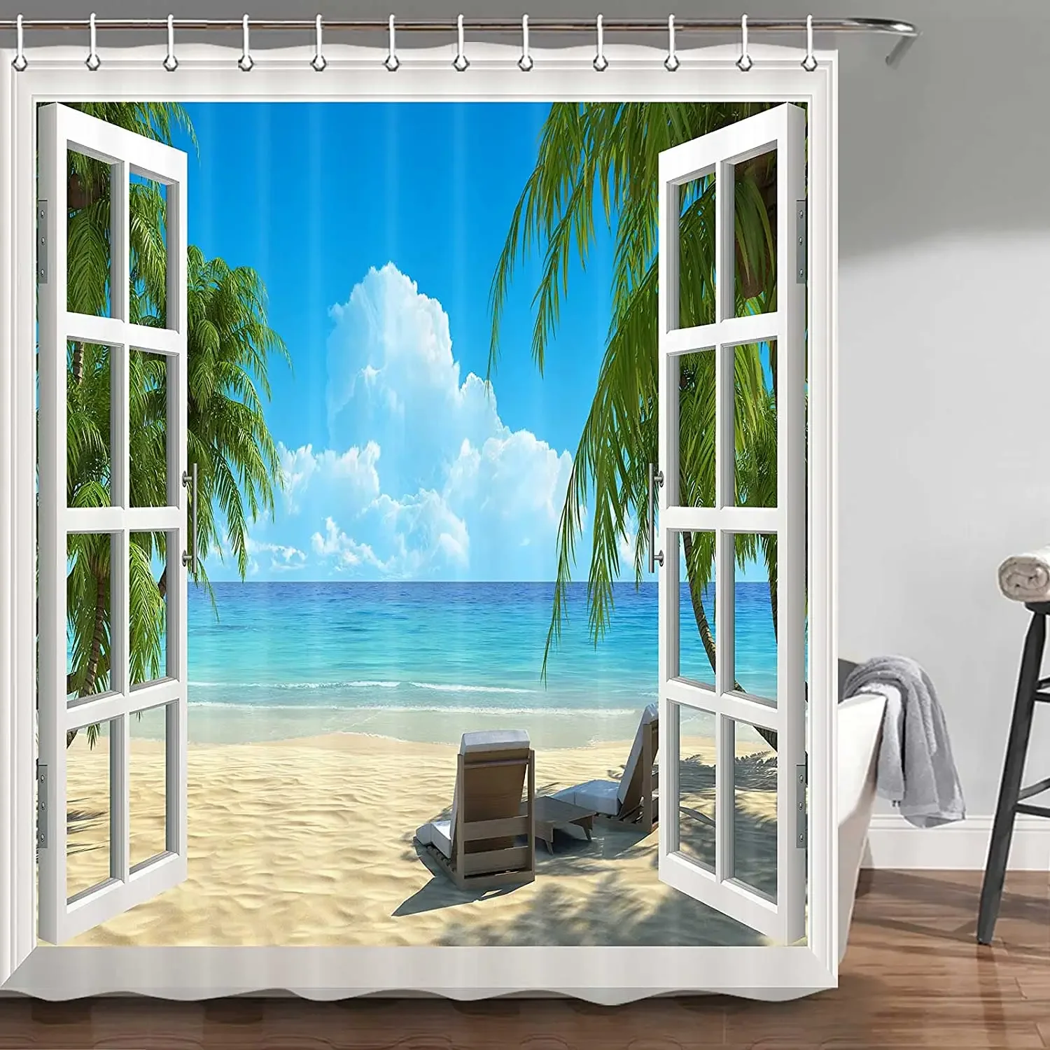 Hawaiian Shower Curtain Hawaiian Sunshine Through the Clouds Coastline Polyester Fabric Fabric Hanging Curtains Bathroom Decor