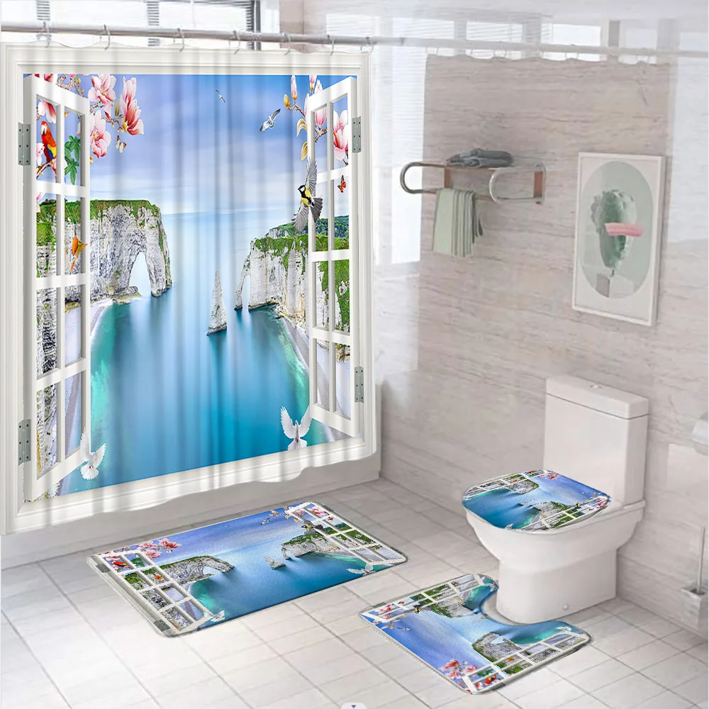 Summer Beach Shower Curtain Set Sea Ocean Non-Slip Rugs Bath U-Shaped Mat Toilet Cover Starfish Shell Boat Bathroom Decor Fabric