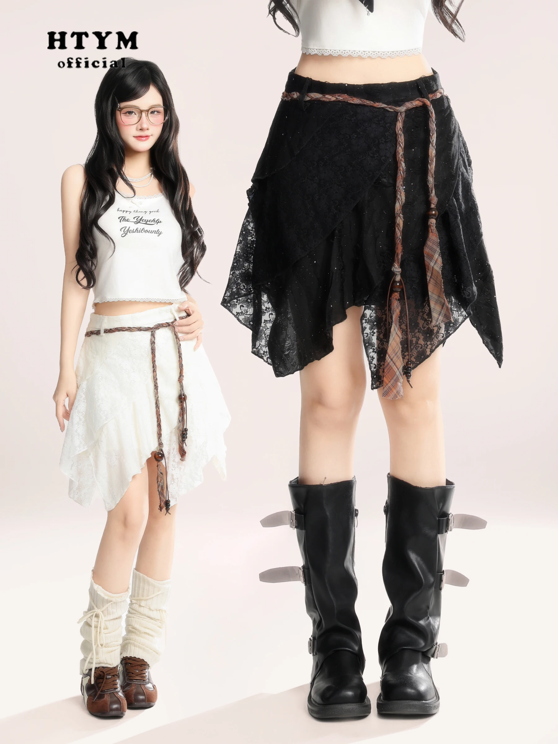 

High Waist Irregular Lace Skirt Women's Spring New Sle Slimming ort Skirt Commute Korean Sle Nylon Fabric A-Line S...