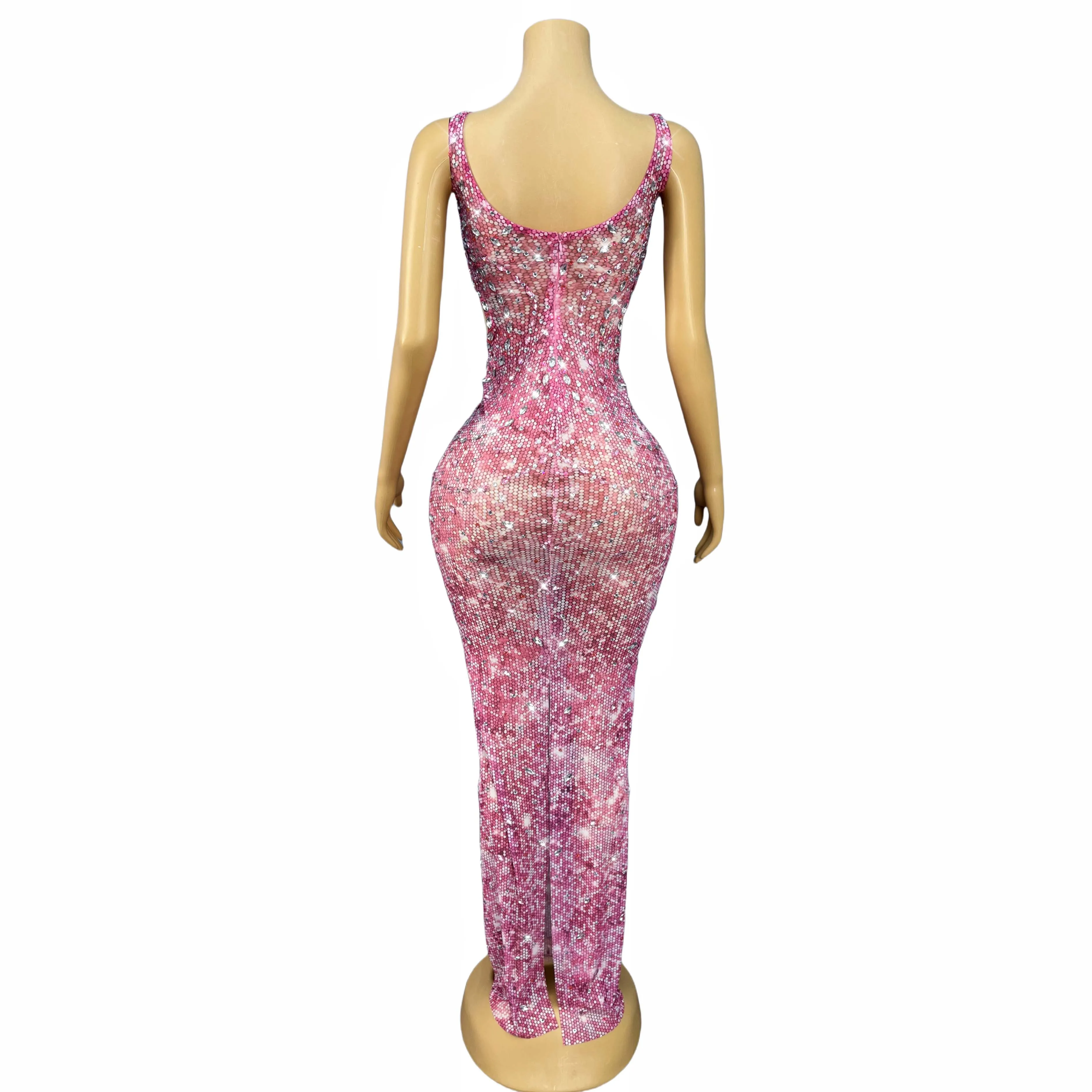 ชุดเดรสตาข่ายเว้าเอวประดับคริสตัลสีชมพูหวาน ดีไซน์หรูหรา สำหรับงานปาร์ตี้ งานราตรี งานแสดงบนเวที หรืองานพรมแดง แบรนด์เฟินฮัวมิ