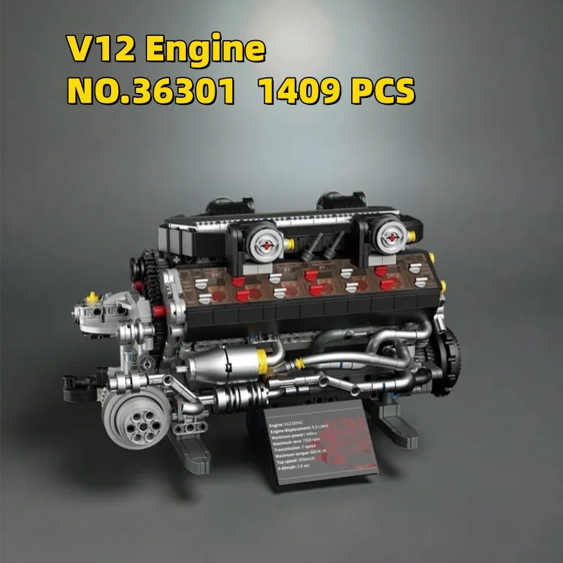 

1409 деталей STEM-конструктора Technic, набор для самостоятельной сборки №36301, двигатель V12, развивающие игрушки для мальчиков, подарок для детей