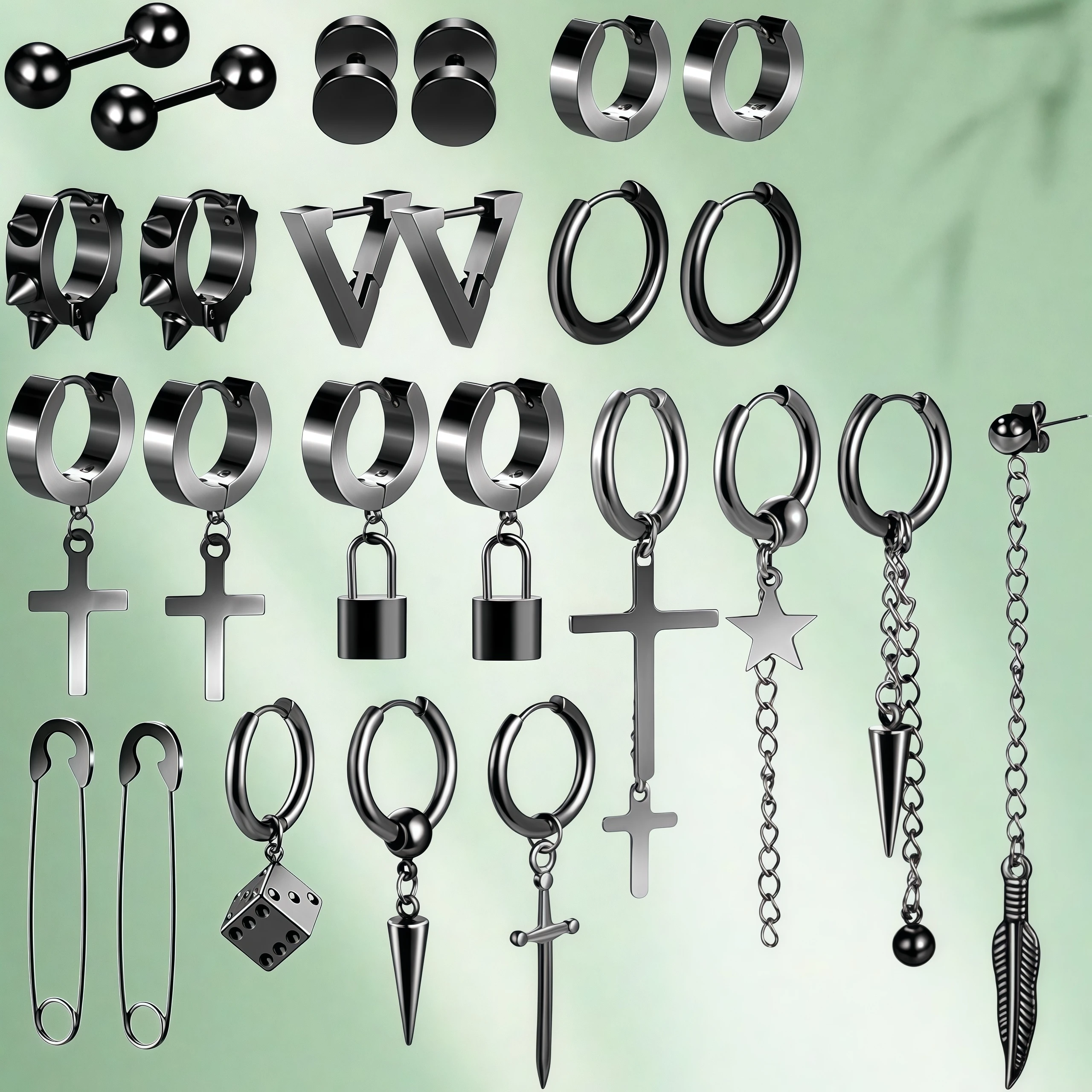 2 Pieces Black Silvery  Cross Dangle Earrings for Men Stainless Steel Long Chain Piercing Hoop Earrings Set for Unisex