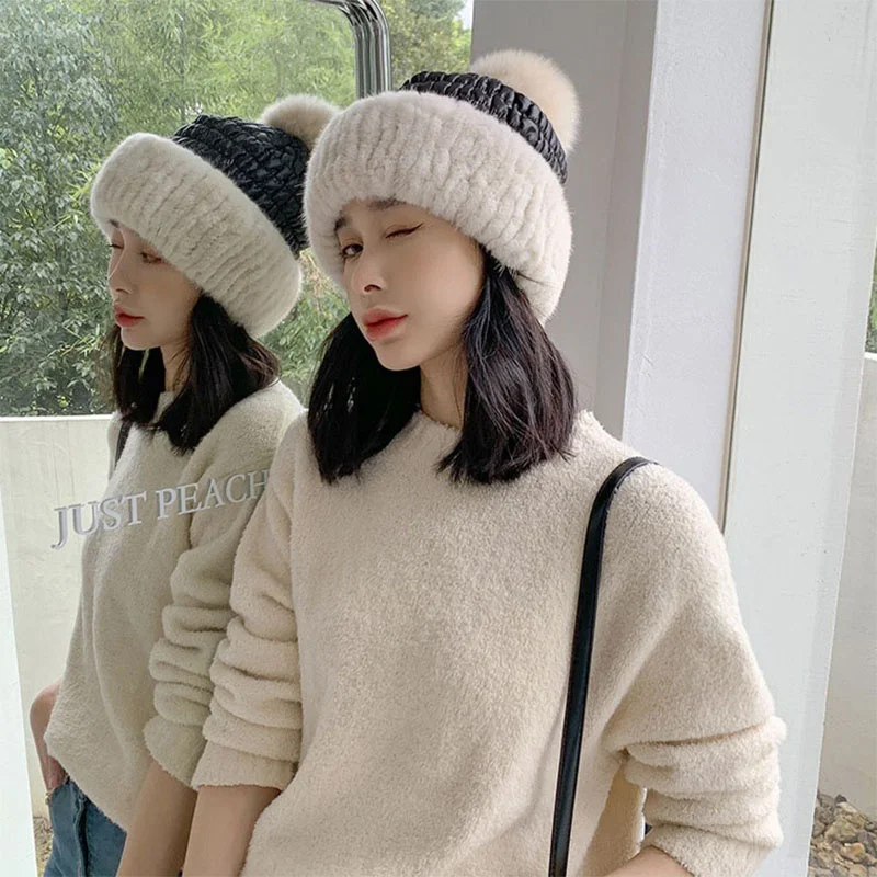 New Women's Thickened Down Cotton Elastic Hat Korean Edition Winter Casual Mink Knitted Hat Fashion Ear Protection Hat