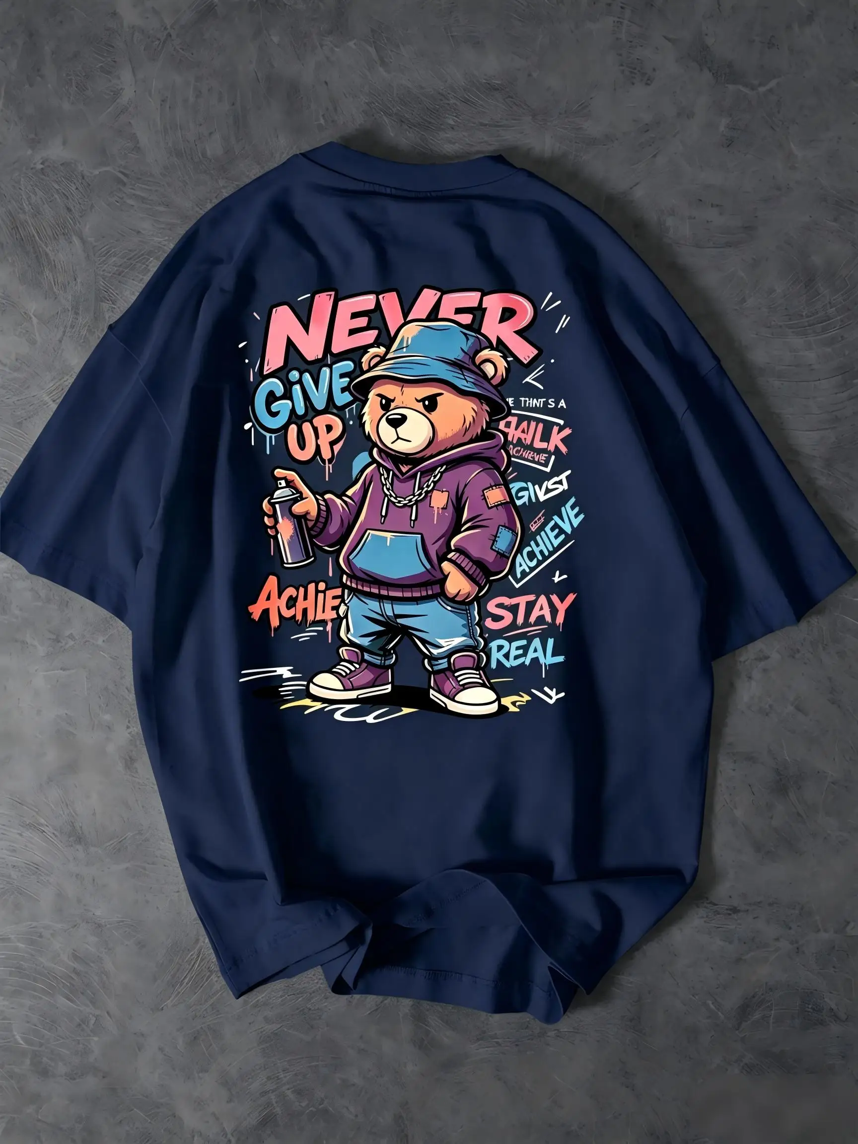 American men's summer cool skateboard bear letter graffiti print micro elastic breathable round neck tshirt outdoor street top