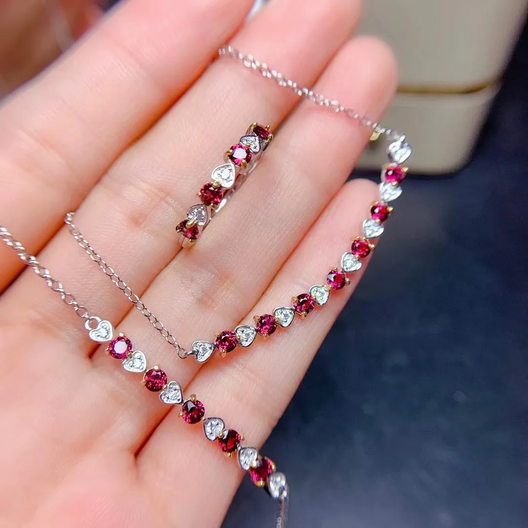 VVS Grade Garnet Natural Pyrope Garnet Jewelry Heart Shaped Design Set Girl 3mm*3mm Ring and Necklace Bracelet 925 Silver