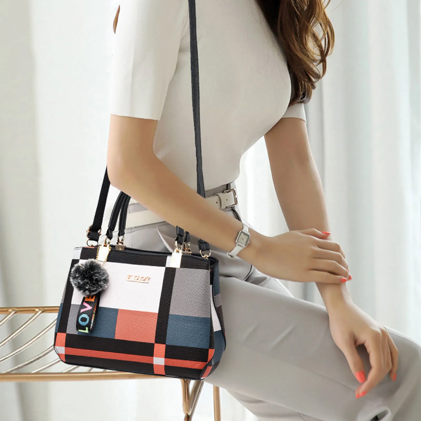 

Women'S Fashion Large Bag Large Capacity Handbag Color Block Stitching Print Tote Bag Suitable For Travel Shopping