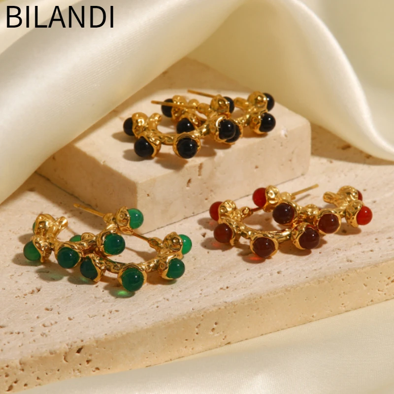 Bilandi Retro Jewelry Green Black Red Stone Earrings Vintage Temperament Luxury Style Gold Color Hoop Earring For Women Girl