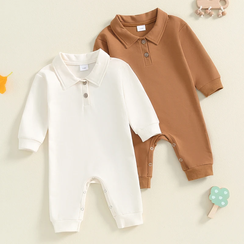 

Infant Boys Rompers Clothing Solid Turn-down Collar Long Sleeve Button Jumpsuits Overalls Newborn Clothes