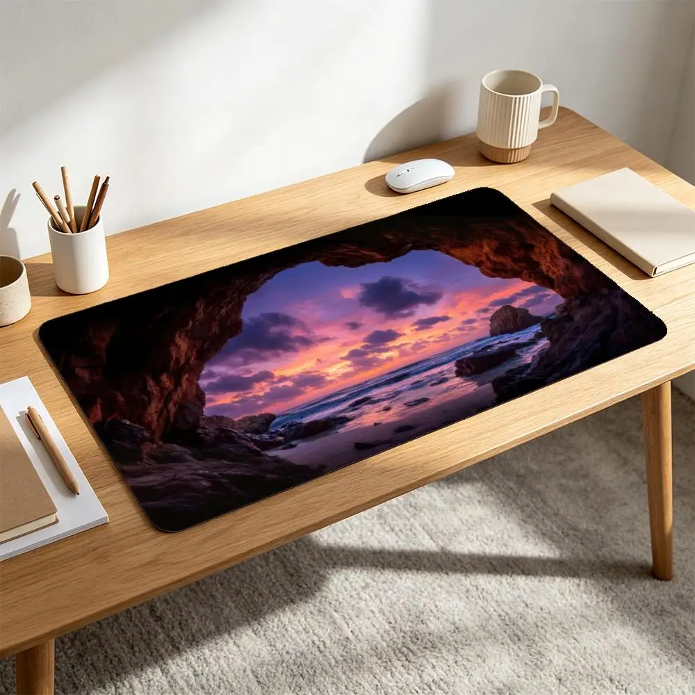 Ocean Cave Sunset Desk Mat, Coastal Rock Cave Beach Seaview Large Extended Mousepad, Gaming & Trading Card Game Playmat
