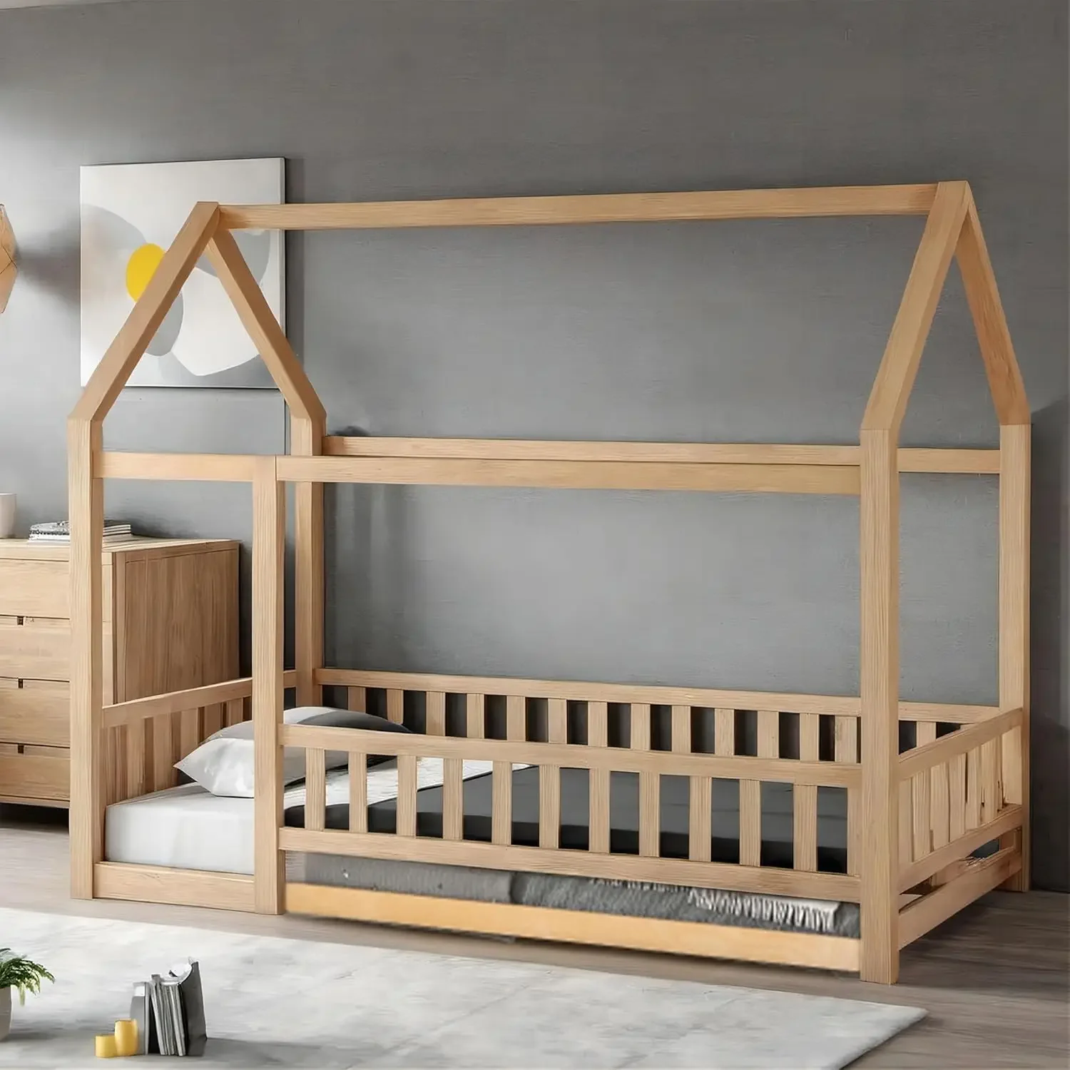 Size House Bed for Boys, Girls, Wooden Montessori Bed with Fence and Roof,Easy to Assemble,No Box Spring Needed, Natural