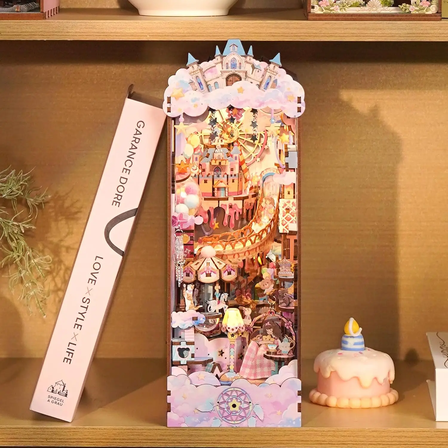 DIY Book Nook Kit for Adults, Booknook Wooden 3D Puzzle Bookend Miniature House Kit, Fantasy Pink Bookshelf Decor with Dust Cove