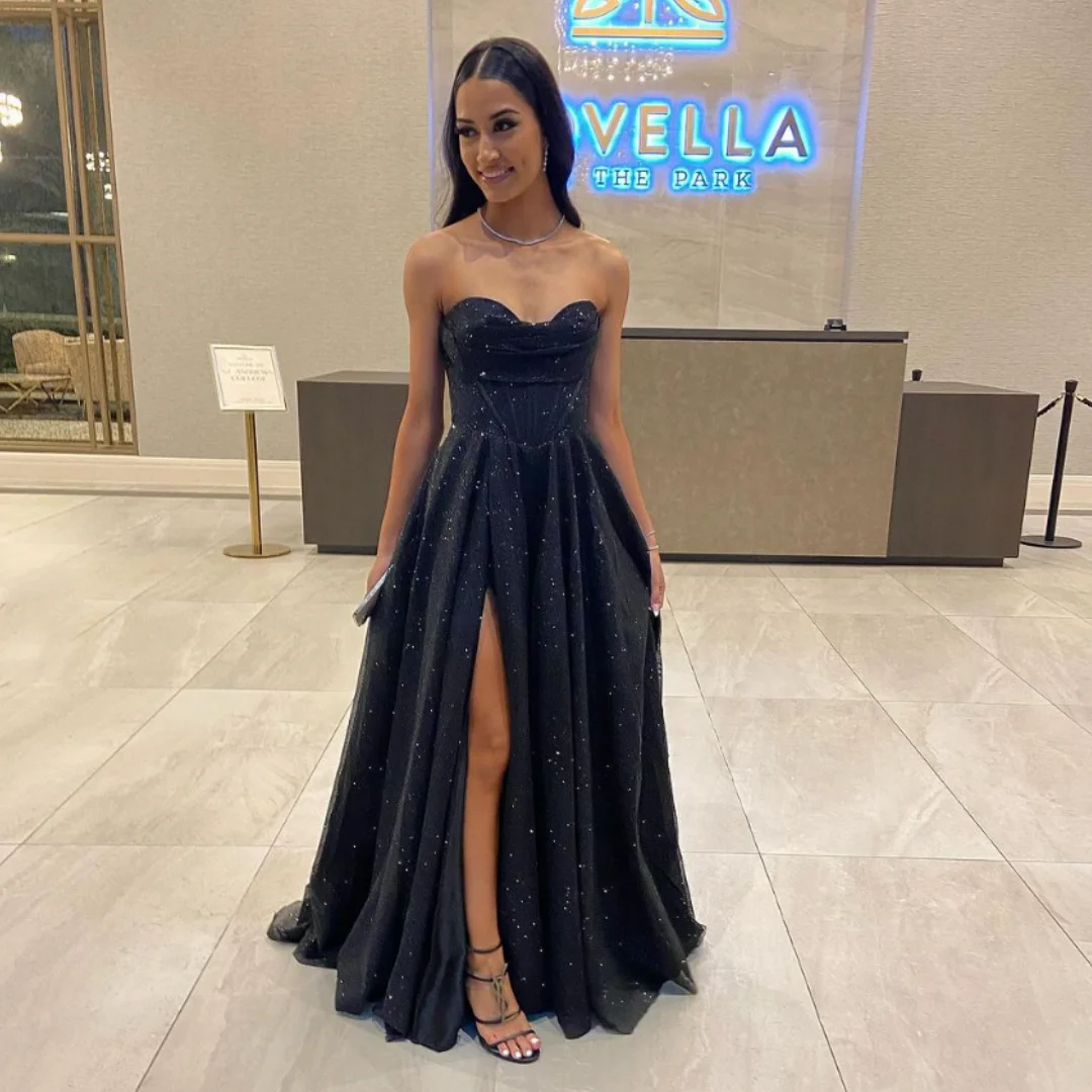 Jessica Black Glitter Dresses Sexy Side Slit Corset Graduate Prom Dresses Formal Occasions Party Dressese Customized