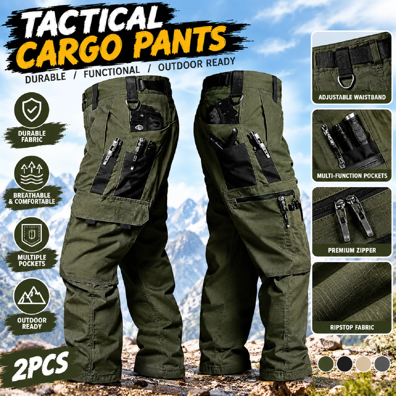 2 PCS Men's Tactical Cargo Pants Multi Pocket Waterproof Tear Resistant Work Trousers for Men Outdoor Hiking Camping Casual Wear