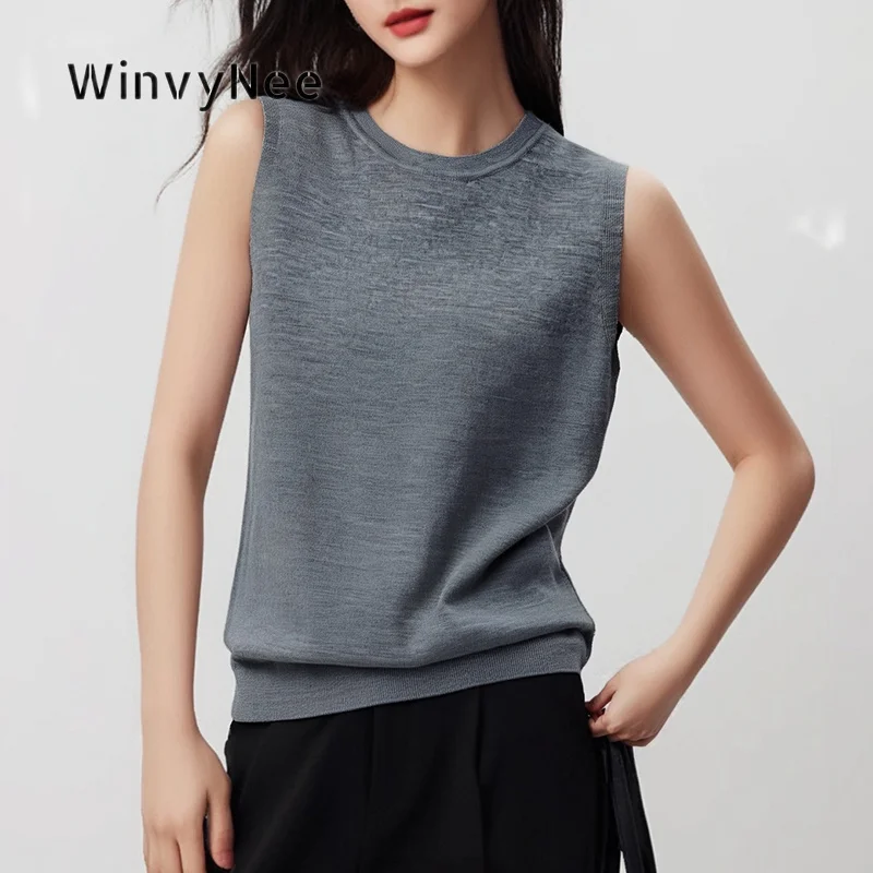 WinvyNee Womens Sleeveless Knit Vest Fine Pure Wool Seamless Yangzi Yarn Crew Neck Vest Elastic Hem City Daily Outfits ZC1827005