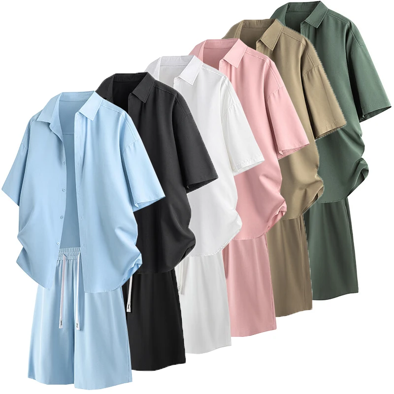 

Summer Two-Piece Men's Sets Shirts and Shorts Casual Outfits Quick Dry Short Suit Plain Clothes Clean Ice Silk Cool Loose Sets