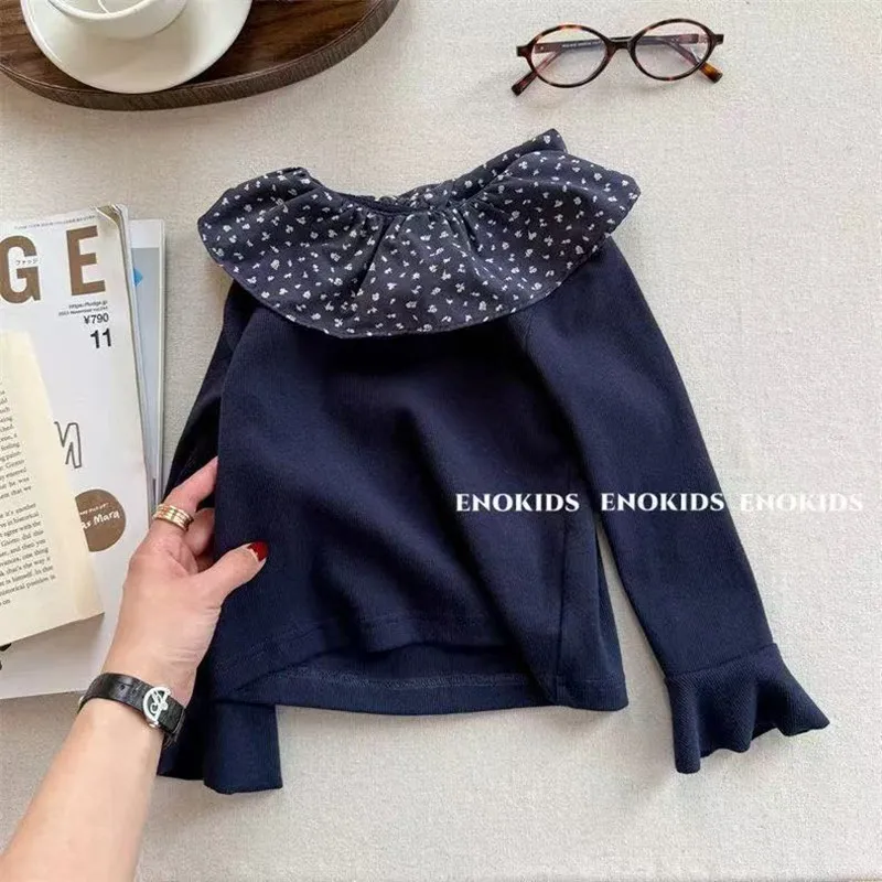 

Spring and Autumn Girls' Floral Lotus Leaf Collar Pure Cotton Base Shirt 1-6 Year Retro Children's Long Sleeve T-shirt 90-130CM