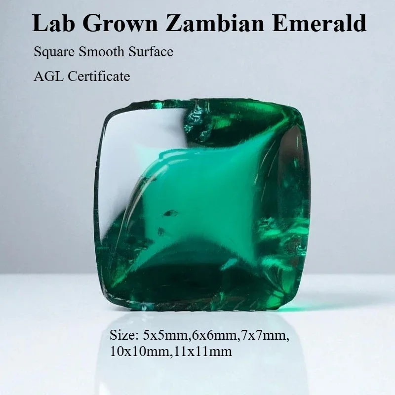 

Lab Grown Zambian Emerald- Hydrothermal, Hand-Cut, Square Smooth Surface, with Cracks Inclusions, Selectable Certificate