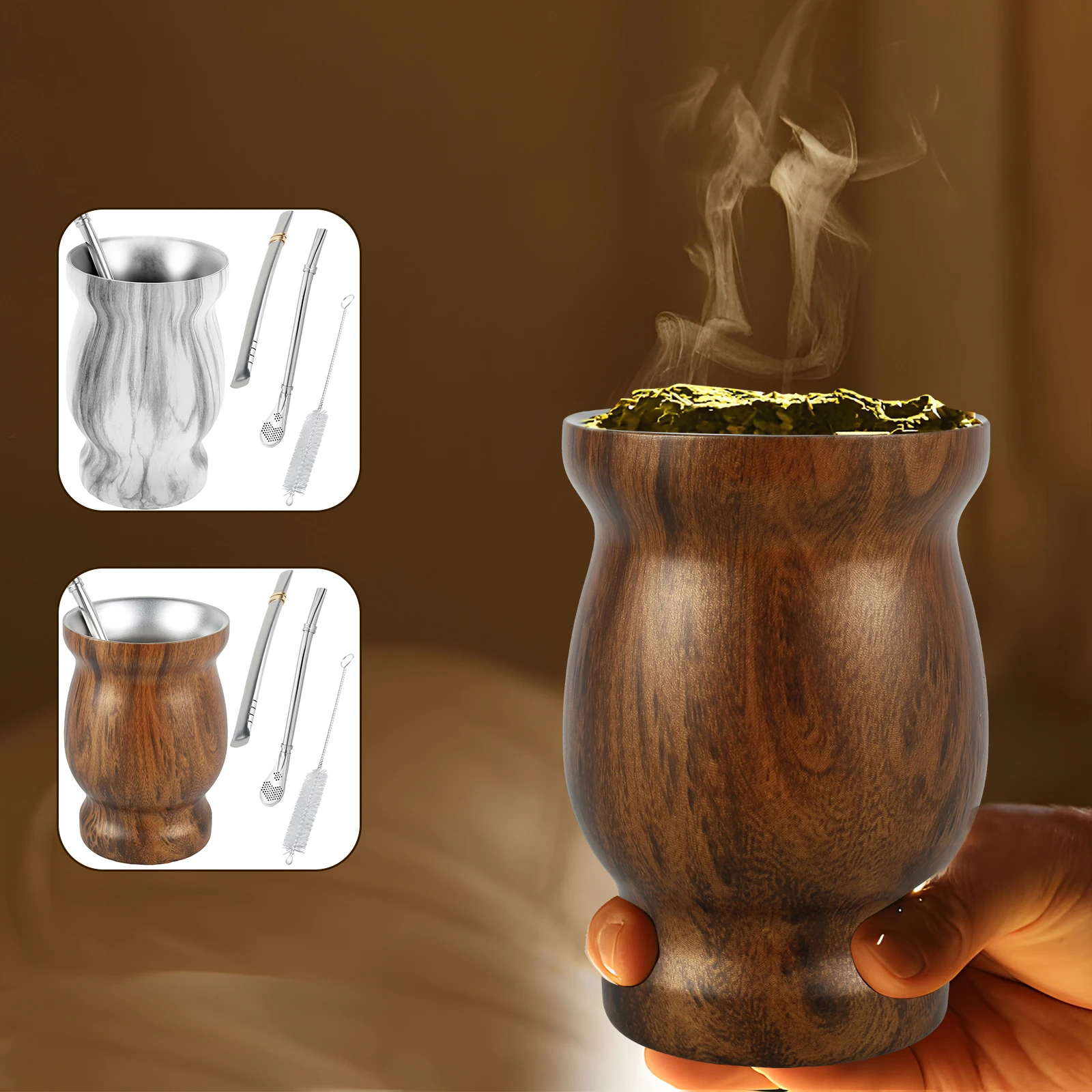 Yerba Mate Cup Natural Gourd/Tea Cup Set 304 Stainless Steel Coffee Water Mate Cup With Bombillas and Cleaning Brush