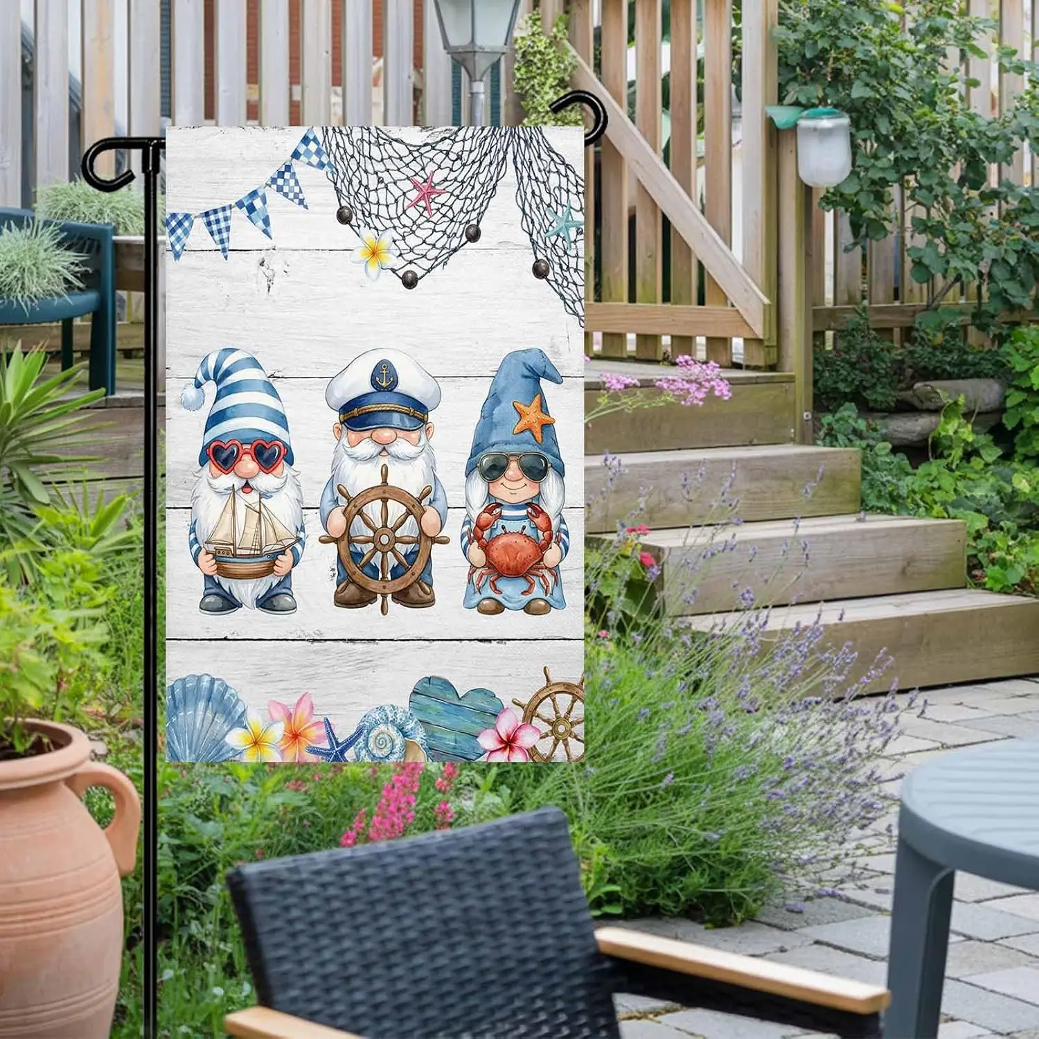 Summer Gnomes Nautical Garden Flag 12x 18 Double Side, Blue Coastal Grey Wooden Garden Flags Outside House Flag Banner Welco MMZ