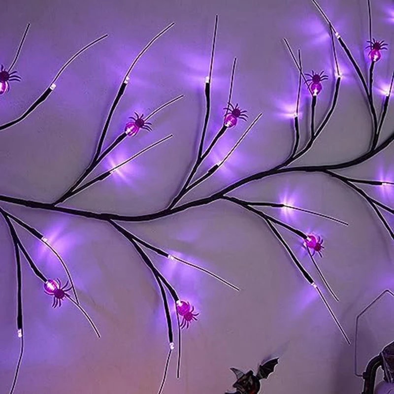 Halloween Vine String Lights, Cor preto e roxo com decoração de aranha, Decoração de árvore interior e exterior, Promoção