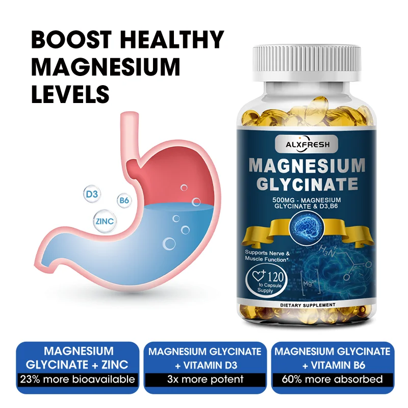 Alxfresh Magnesium Glycinate 500mg Dietary Supplement with Zinc,Vitamin D3 B6 - Calm, Stress, Muscles - Health Capsules