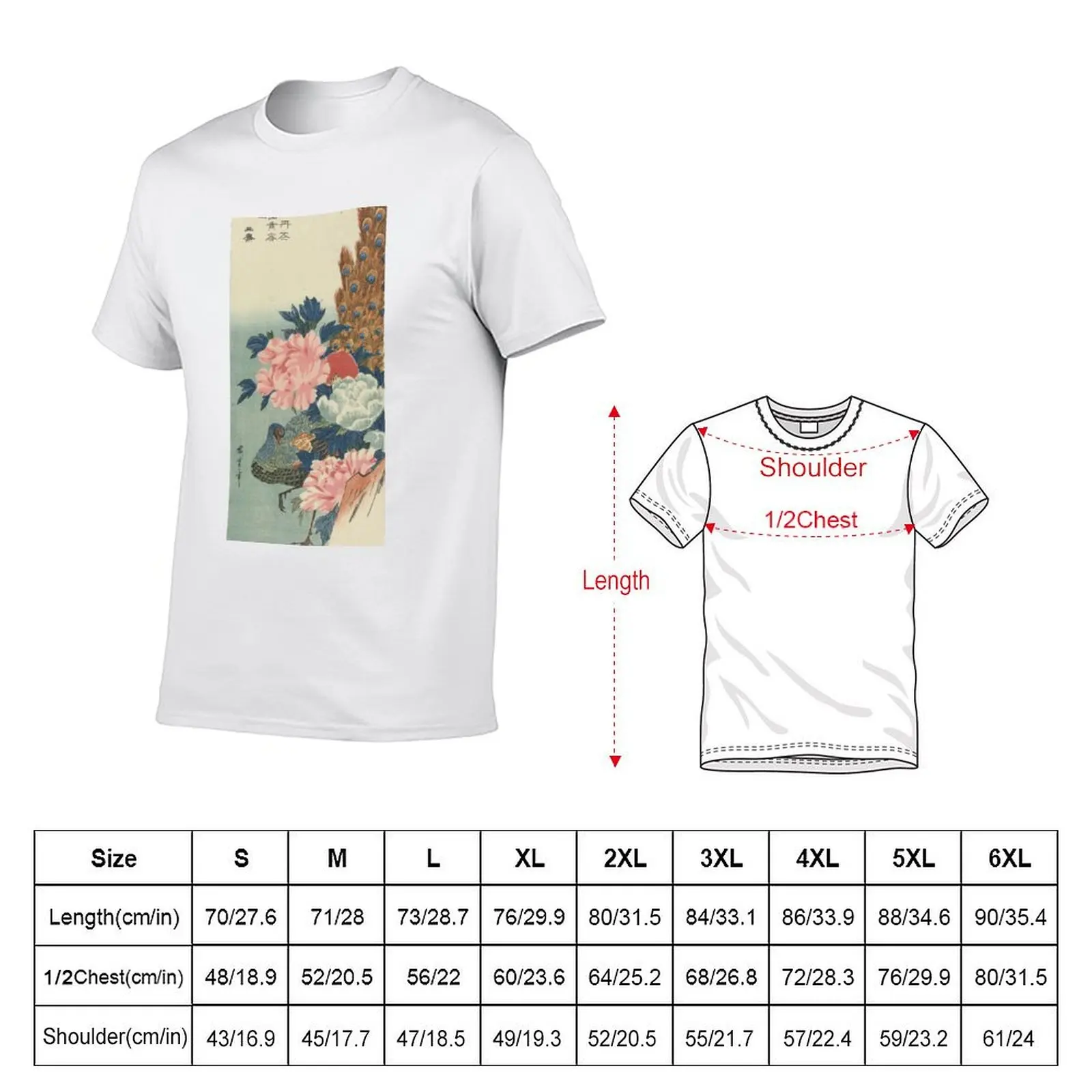 Peacock and Peonies Japanese Woodblock Print T-Shirt Simple Print Design T-Shirt