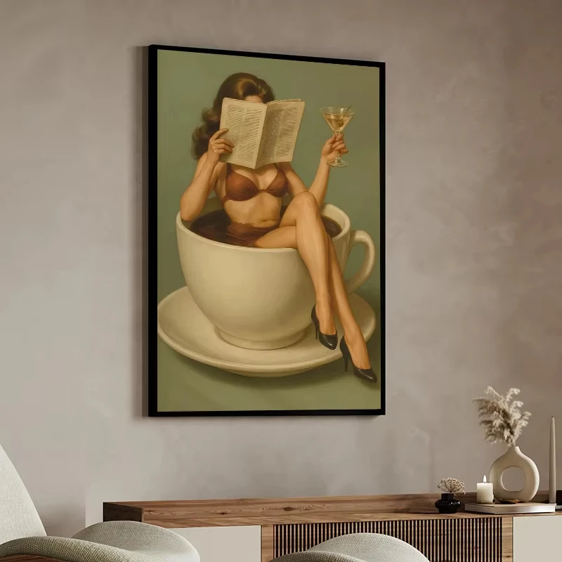Fun and Fashionable “Woman in a Coffee Cup” Poster Sexy Woman Holding a Martini Frameless Canvas Print Home Decor
