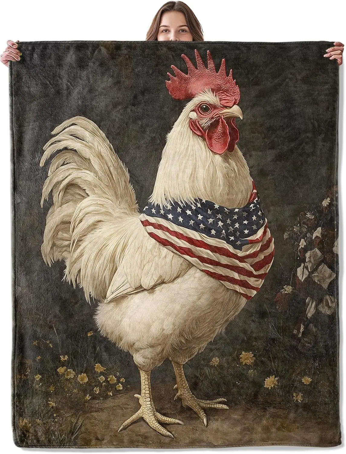 Funny Americana Flag Rooster Throw Blanket Decorative Tapestry for Fall Season Living Room Home Decor Gift