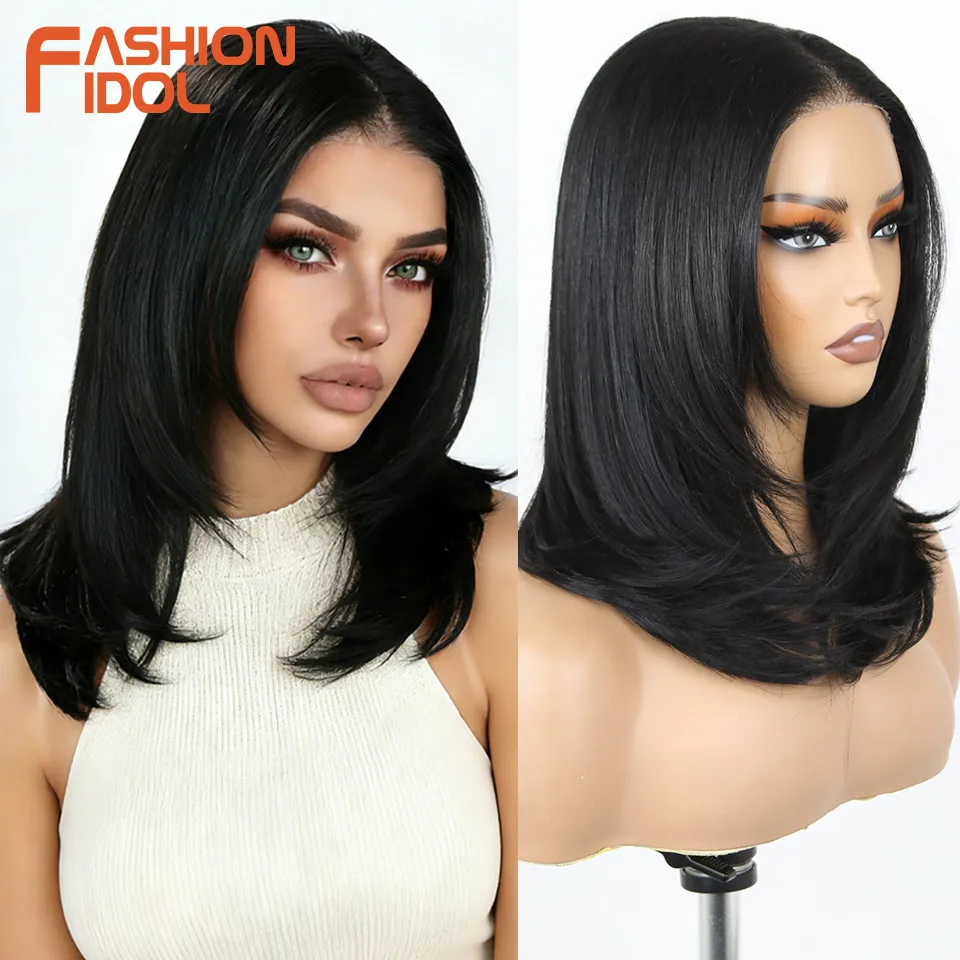 FASHION IDOL 16 Inch 13x3 Lace Front Wigs Synthetic Straight Hair Layered Ombre Brown Free Part Pre-Plucked Bob Wigs for Women image 4