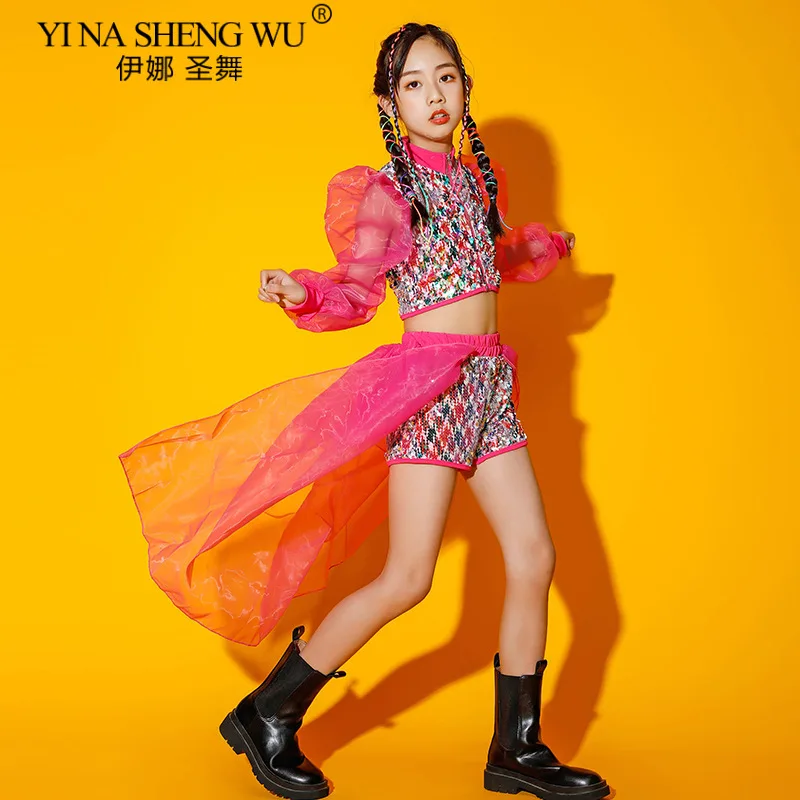 Jazz-Tanzkostüm für Mädchen, bunte Pailletten, Puffärmel, Tanz-Performance-Kleidung, 2026, neuer Kinder-moderner Hip-Hop-Street-Dance-Anzug