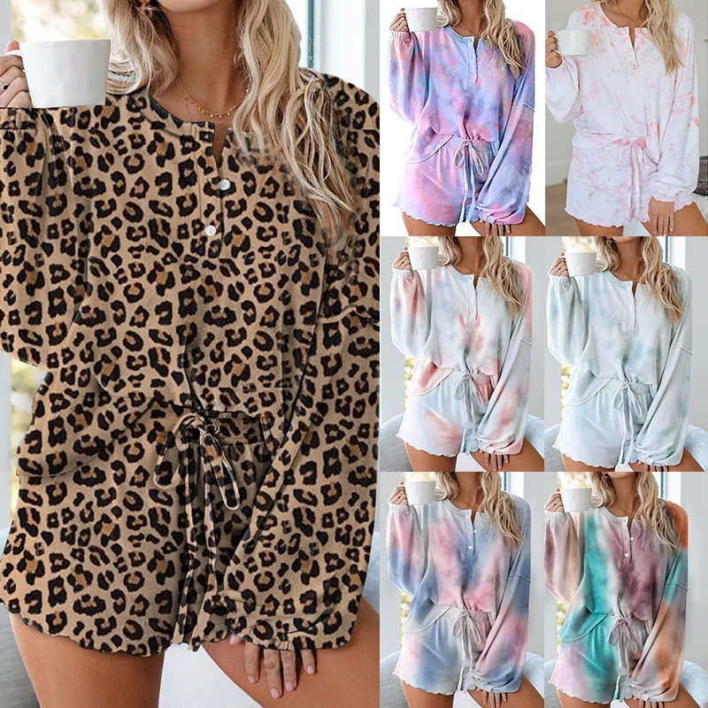2 pieces women sets Summer European tie-dye printed leopard o neck casual long-sleeved home wear women's sets