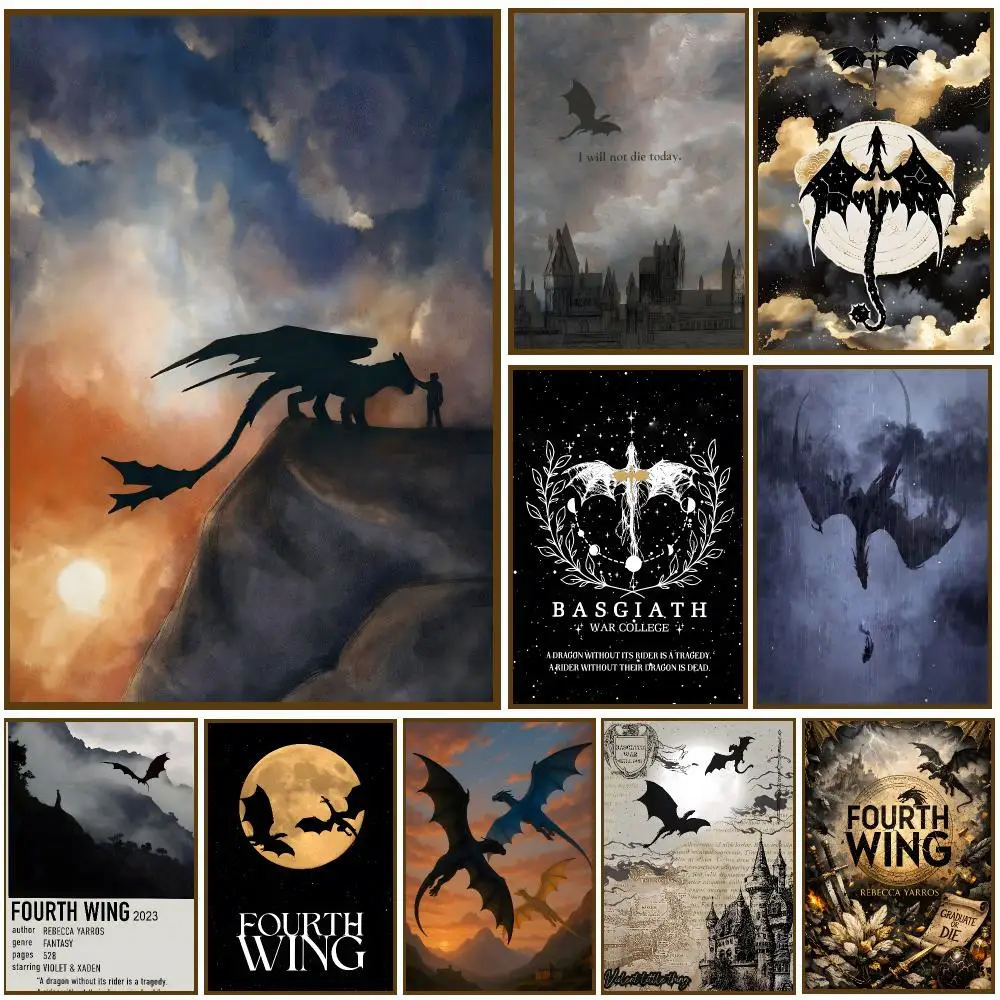Fourth Wing Novel Dragon Fantasy Poster Self-adhesive Advanced Aesthetic Printing Paper Wall Art for Living Room Home Decor