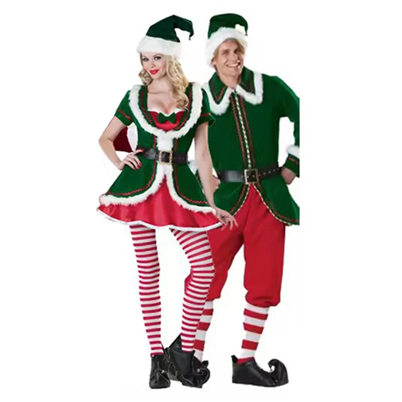 

Мужской и Женский Рождественский костюм для косплея Санта-Клаус парный костюм зеленый эльф Хэллоуин вечерние сценические костюмы подарки для друзей