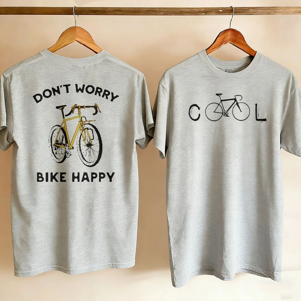 Men Women Two Side Printed T-shirt Cool Bicycle Logo Front Don't Worry Bike Happy Text Bike Pattern Back Outdoor Cycling Tee Top