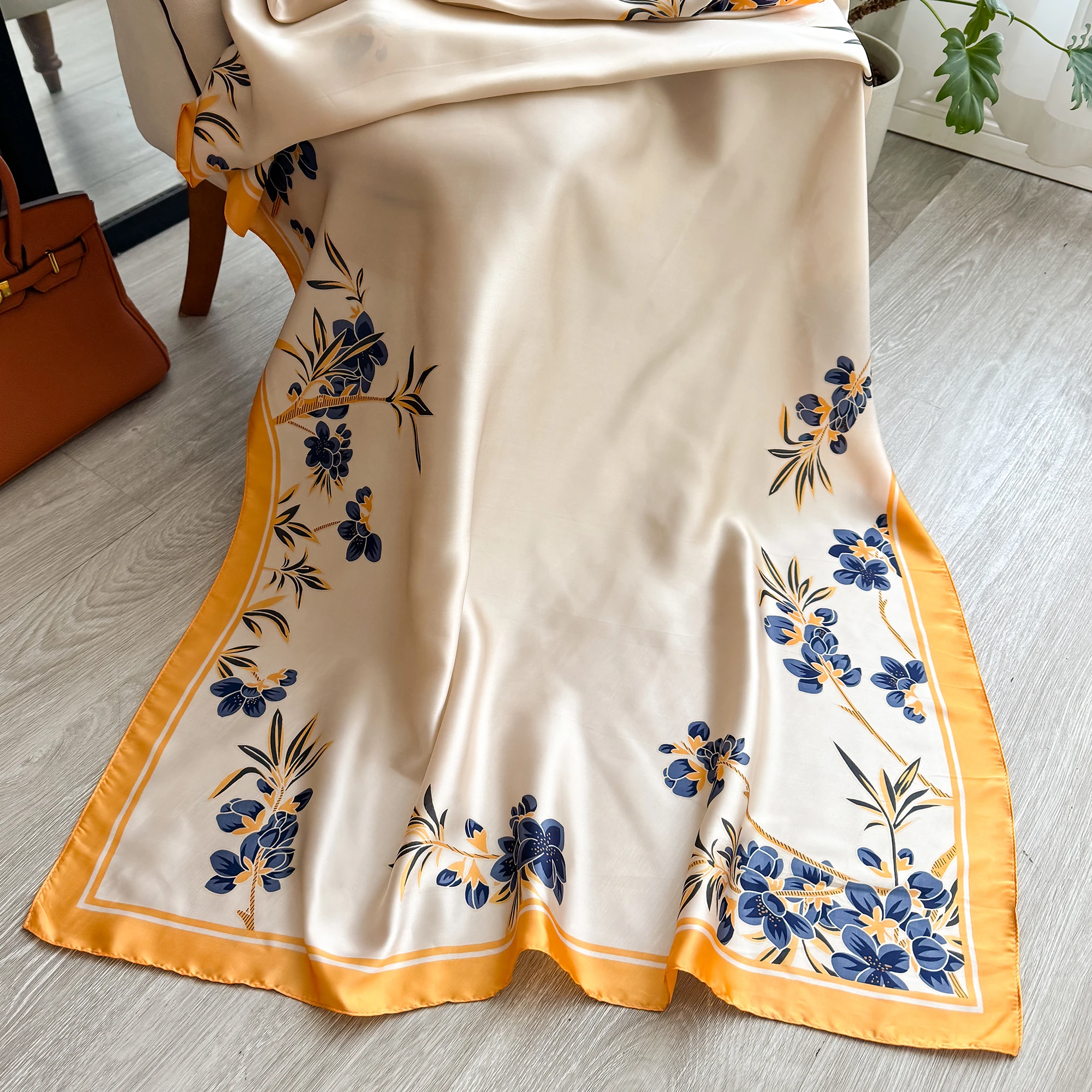 Klassischer Seidenschal 180x90cm für Damen, großer modischer bedruckter Schal für Büro, Hijab, Strandtuch, Bandana, Muffler, Pareo – Detail 2