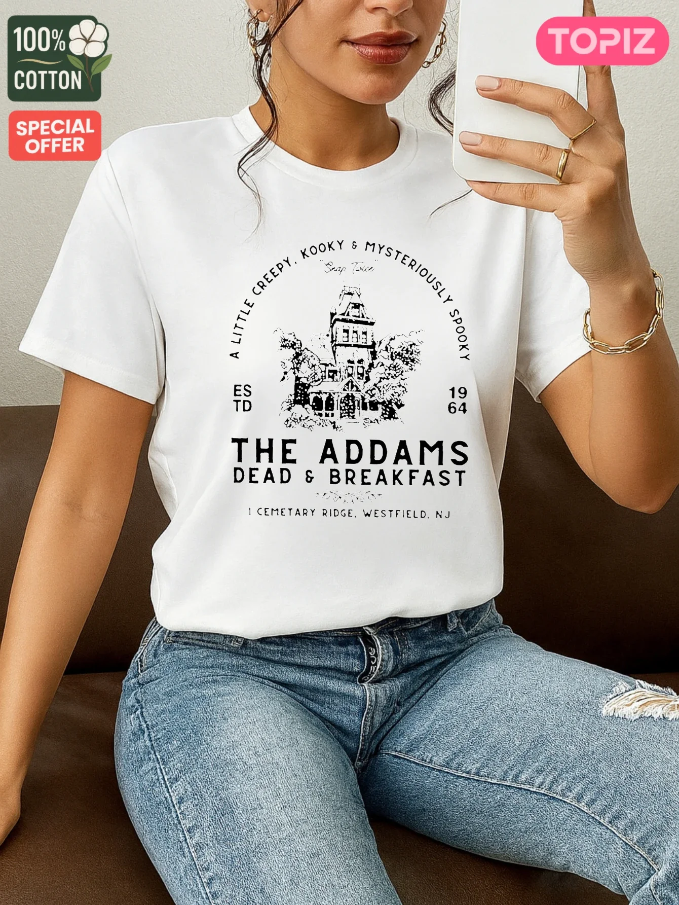 T-Shirt pour femmes, haut décontracté à manches courtes et col rond, T-Shirt graphique, Design du petit déjeuner Addams Dead, 100% coton, chemise
